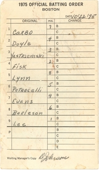 1975 World Series Boston Red Sox Lineup Card Carbon Copy For Game 7